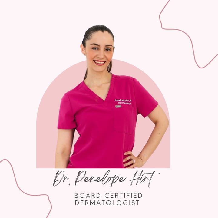 Dr. Penelope Hirt, board certified dermatologist, in pink scrubs