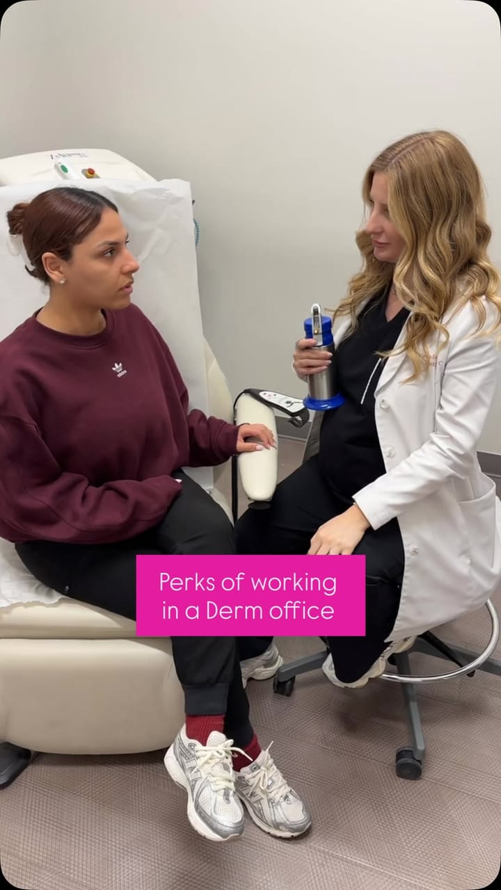 A provider beside a patient in a treatment room, captioned "Perks of working in a Derm office"