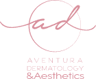 Aventura Dermatology & Aesthetics logo: a pink circled "ad" monogram over the practice name