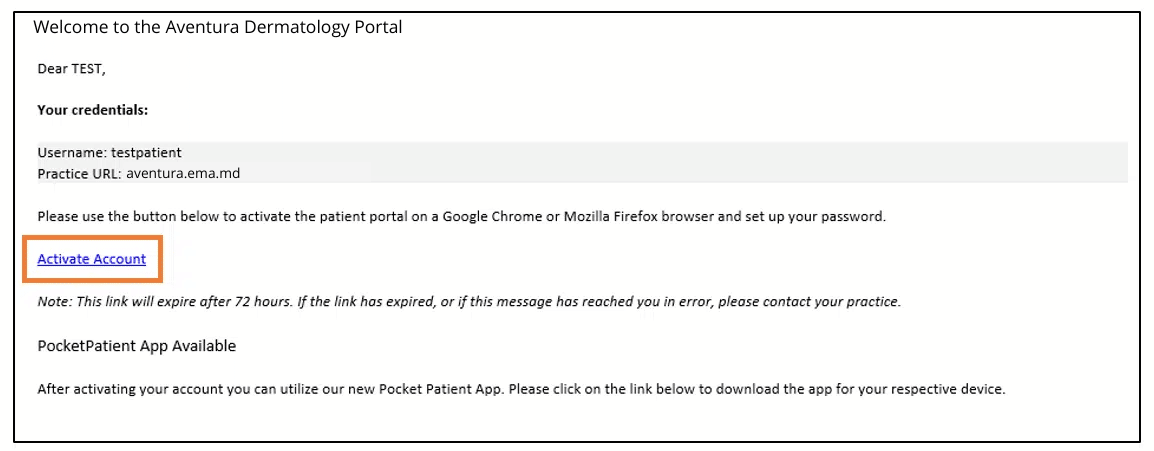 Patient portal step: the activation email with its Activate Account link