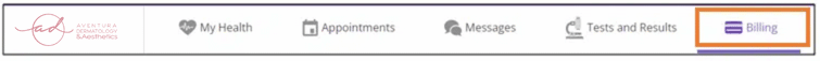 Patient portal step: the menu bar with the Billing tab highlighted