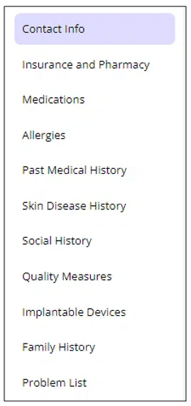 Patient portal step: the My Health menu, starting with Contact Info