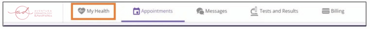 Patient portal step: the menu bar with the My Health tab highlighted