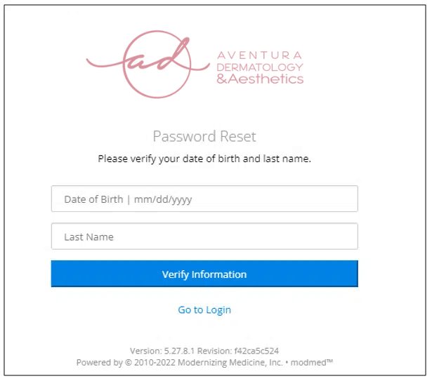 Patient portal step: the Password Reset screen, verifying date of birth and last name