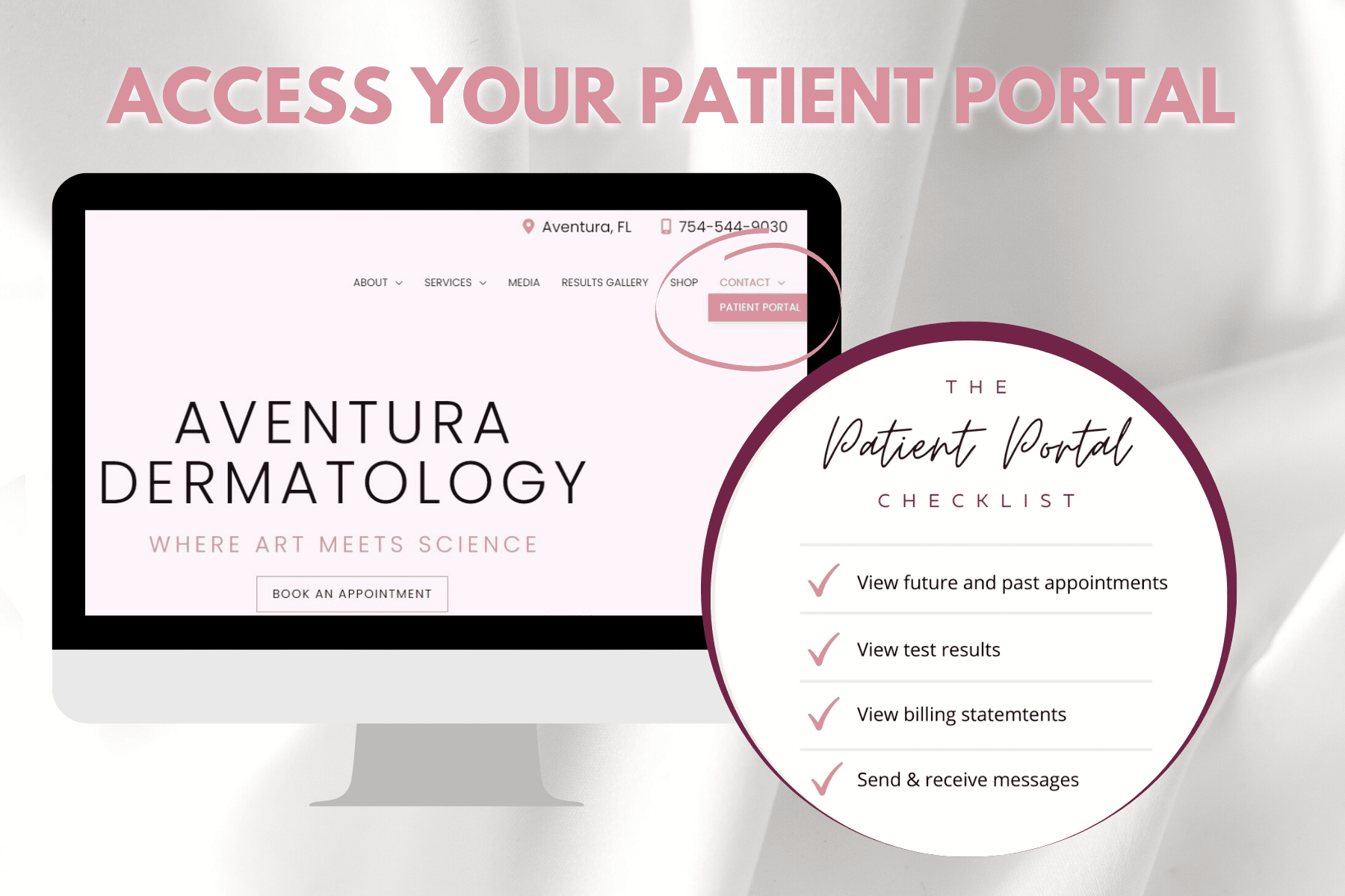 Access Your Patient Portal: the portal checklist beside a laptop showing the Aventura Dermatology site