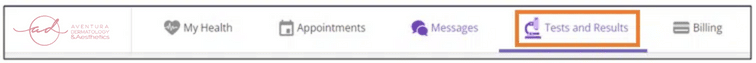 Patient portal step: the menu bar with the Tests and Results tab highlighted