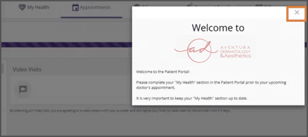 Patient portal step: the Welcome to the Patient Portal message, with its close button highlighted