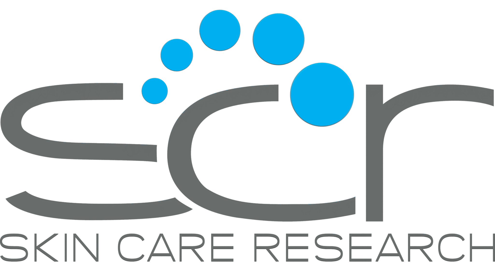 Skin Care Research logo: grey "scr" letters under blue dots