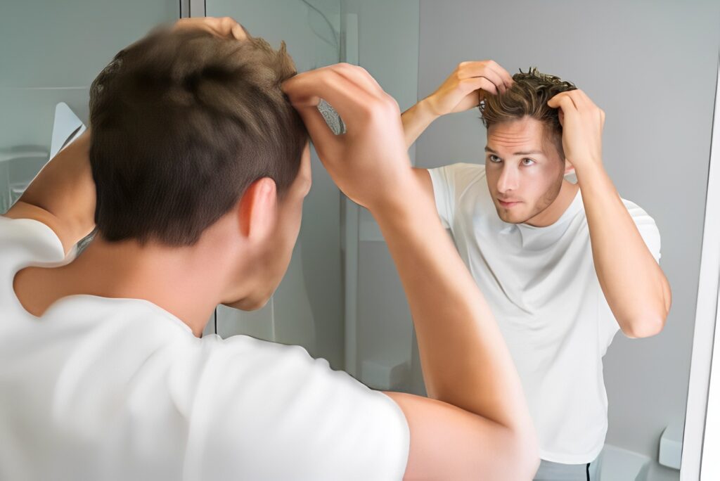 Hair loss man looking in bathroom mirror